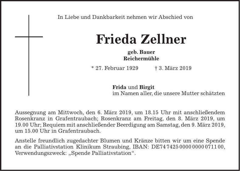Traueranzeige Frieda Zellner