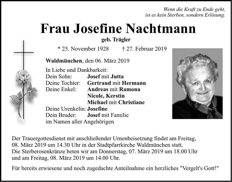 Traueranzeige Josefine Nachtmann