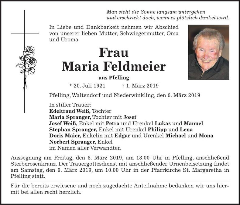 Traueranzeige Maria Feldmeier