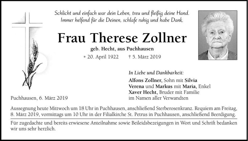Traueranzeige Therese Zollner