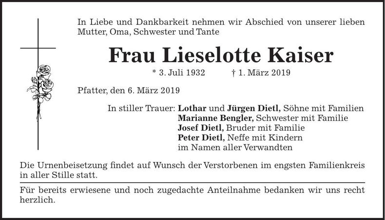 Traueranzeige Lieselotte Kaiser