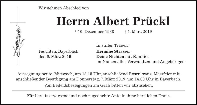 Traueranzeige Albert Prückl