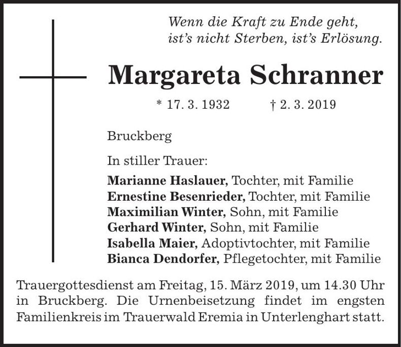 Traueranzeige Margareta Schranner
