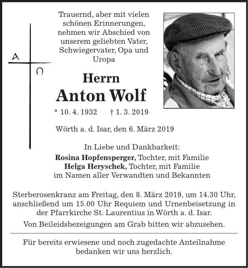 Traueranzeige Anton Wolf