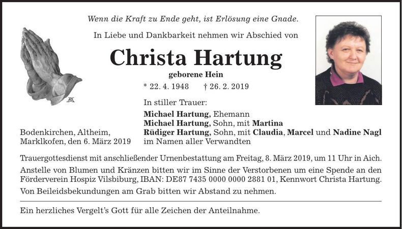 Traueranzeige Christa Hartung