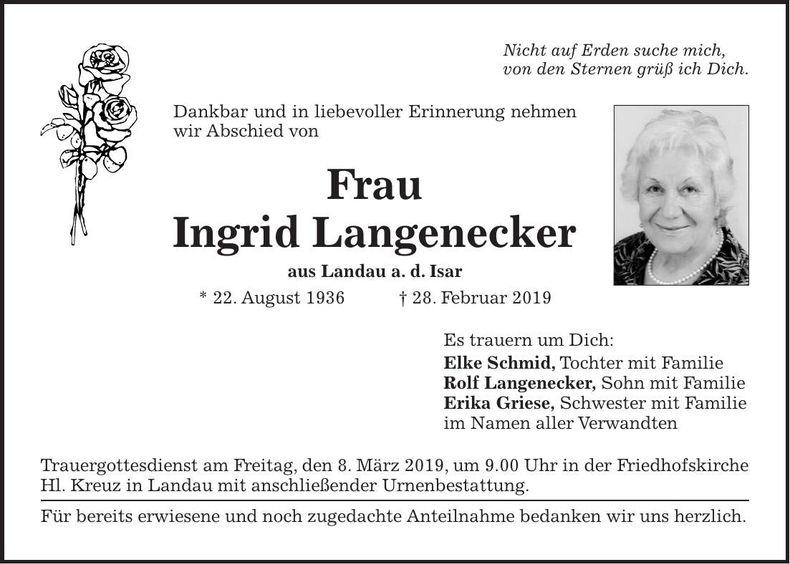 Traueranzeige Ingrid Langenecker