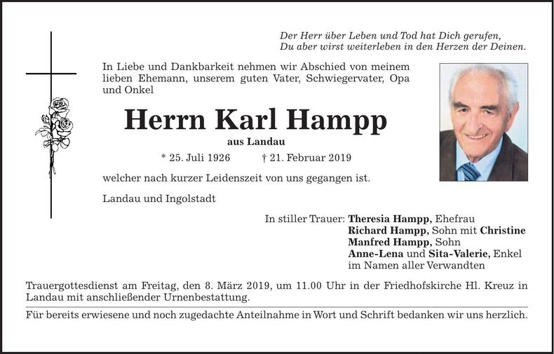 Traueranzeige Karl Hampp