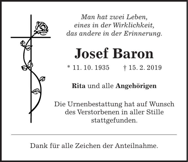 Traueranzeige Josef Baron