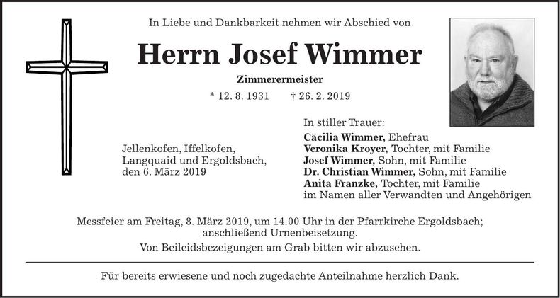 Traueranzeige Josef Wimmer