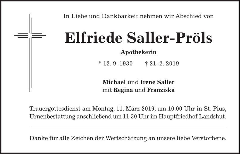 Traueranzeige Elfriede Saller-Pröls