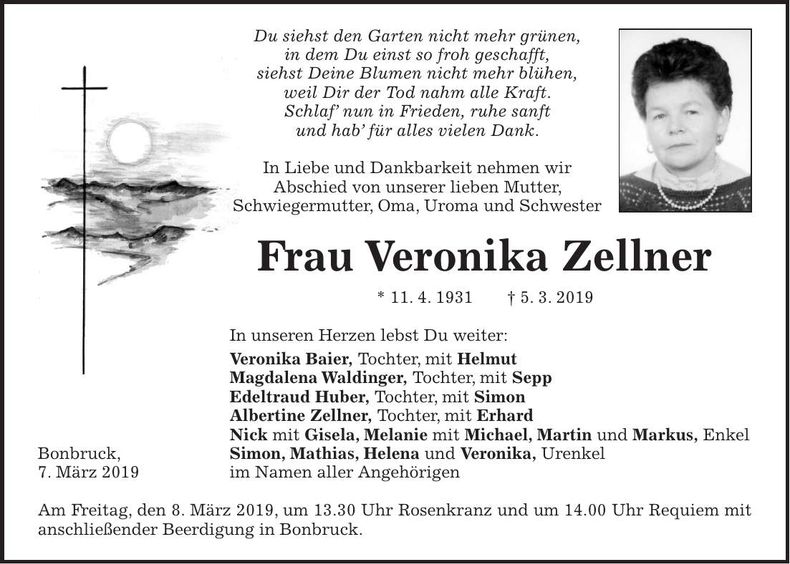 Traueranzeige Veronika Zellner