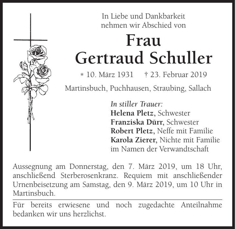 Traueranzeige Gertraud Schuller