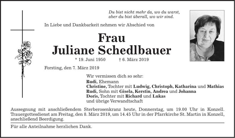 Traueranzeige Juliane Schedlbauer
