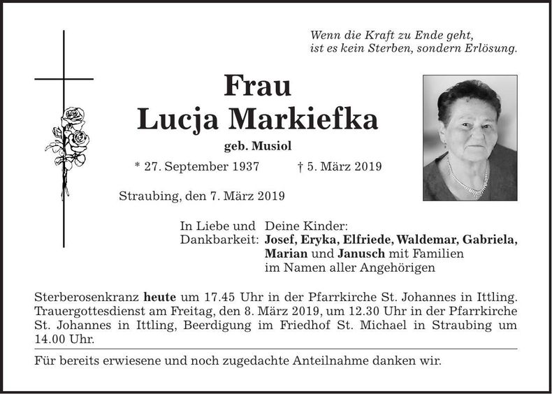 Traueranzeige Lucja Markiefka