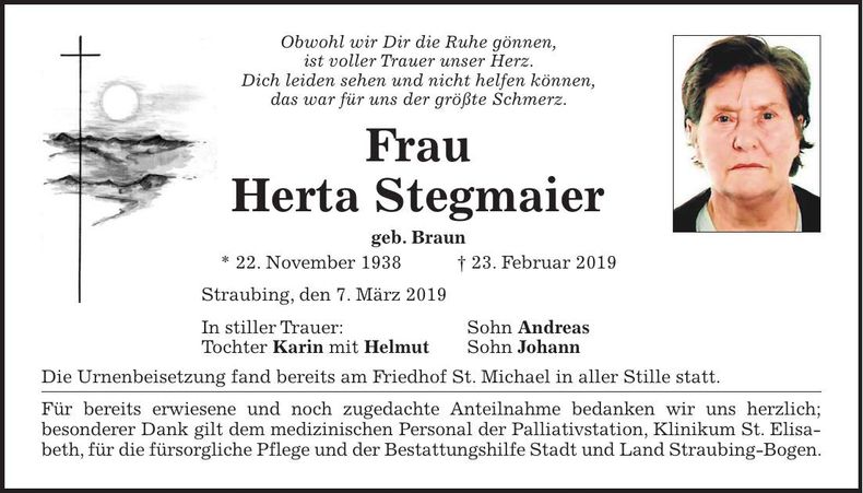Traueranzeige Herta Stegmaier