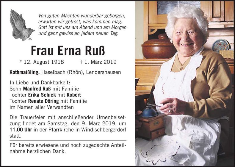 Traueranzeige Erna Ruß