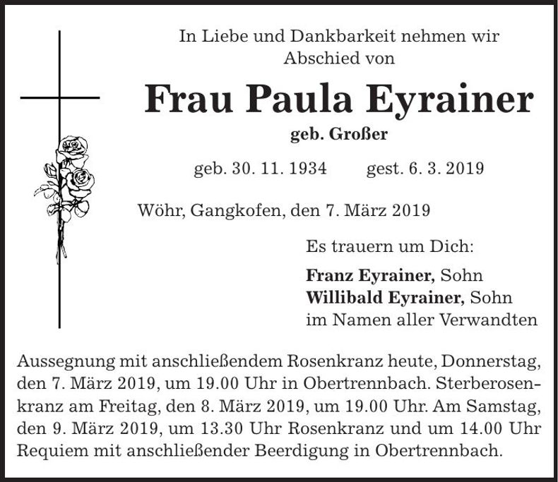 Traueranzeige Paula Eyrainer