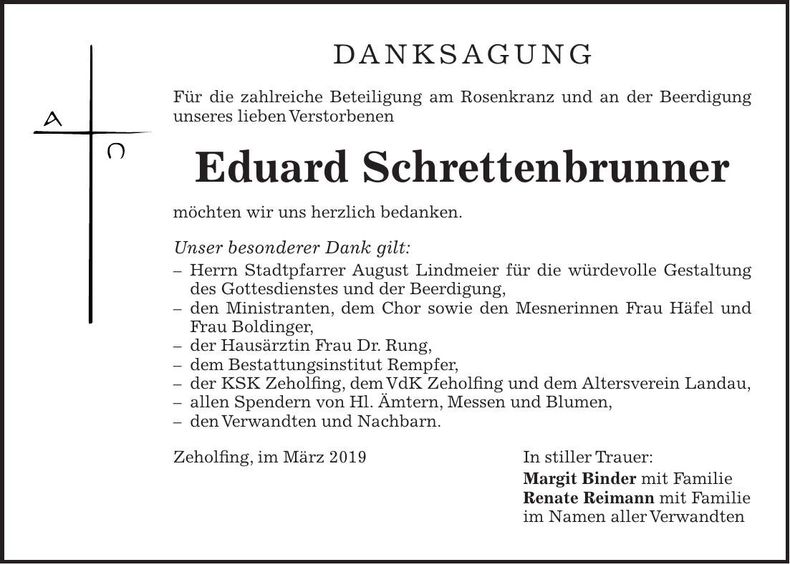 Traueranzeige Eduard Schrettenbrunner