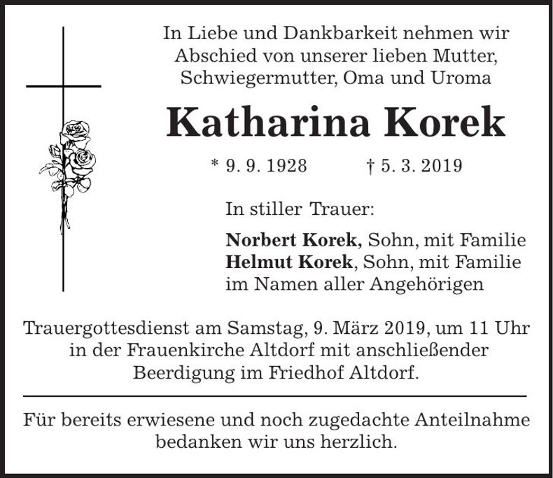 Traueranzeige Katharina Korek