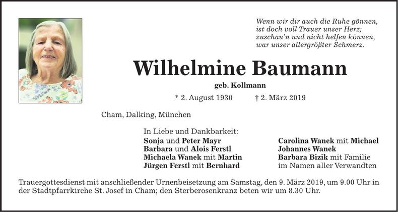Traueranzeige Wilhelmine Baumann