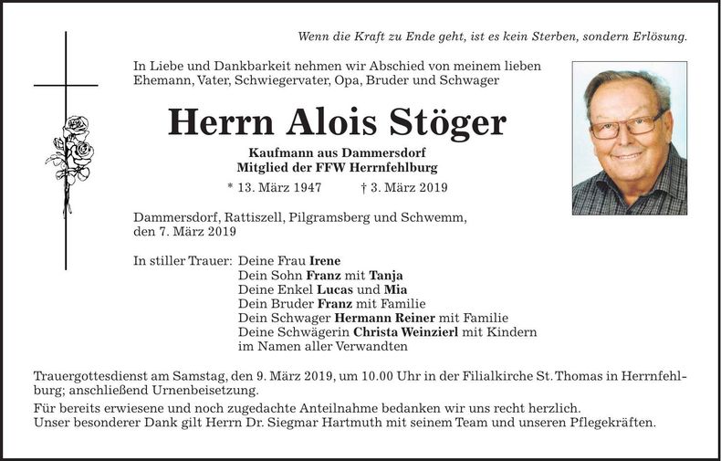 Traueranzeige Alois Stöger