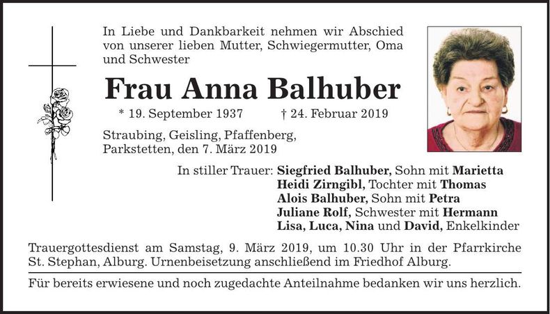 Traueranzeige Anna Balhuber