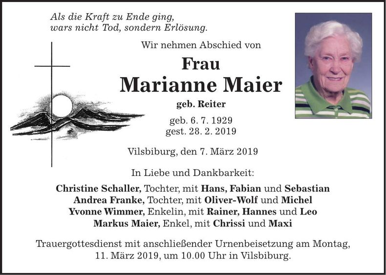 Traueranzeige Marianne Maier