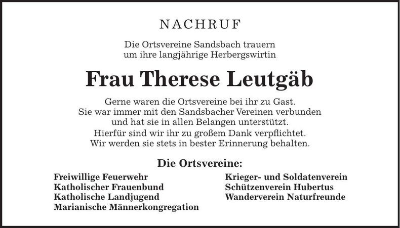 Traueranzeige Therese Leutgäb