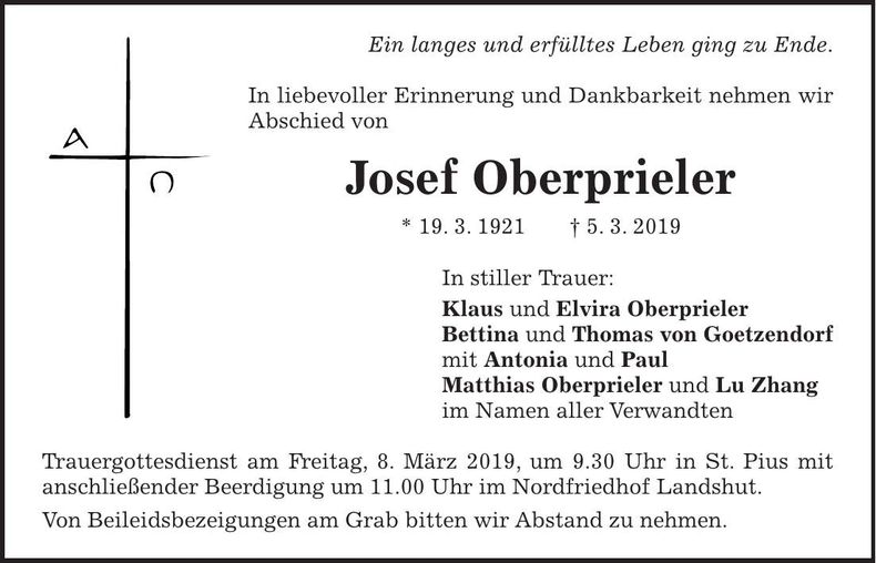 Traueranzeige Josef Oberprieler