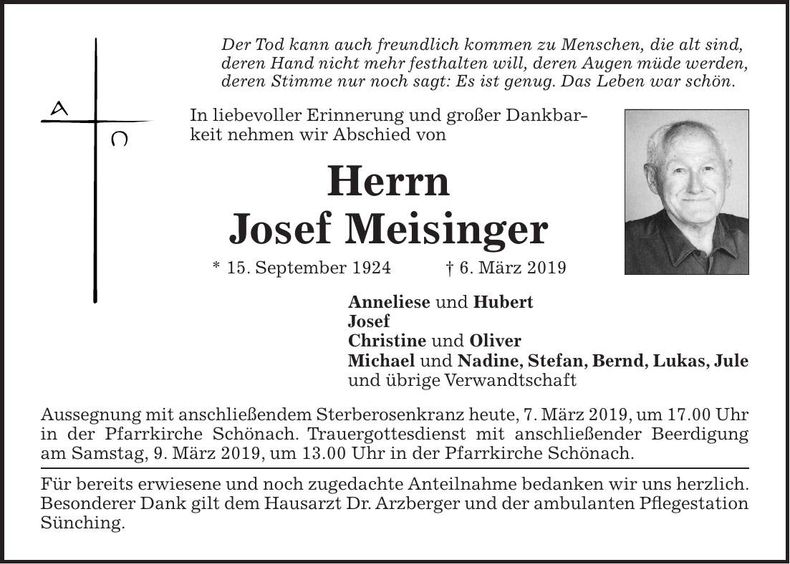 Traueranzeige Josef Meisinger