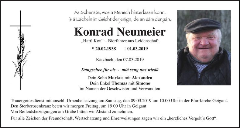 Traueranzeige Konrad Neumeier