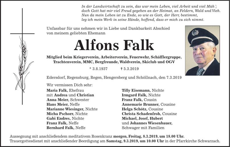 Traueranzeige Alfons Falk