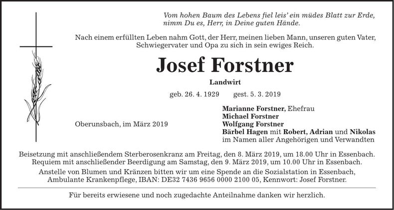 Traueranzeige Josef Forstner