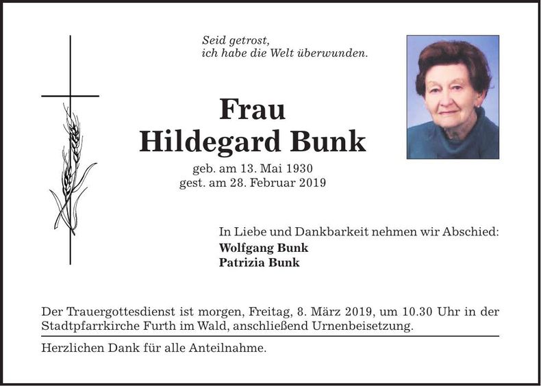 Traueranzeige Hildegard Bunk