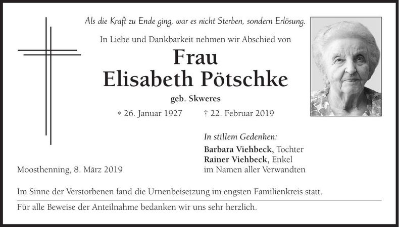 Traueranzeige Elisabeth Pötschke