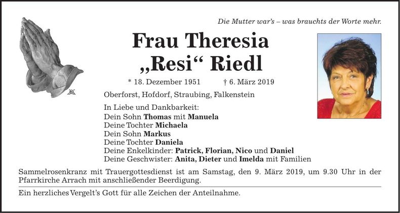 Traueranzeige Therersia Riedl