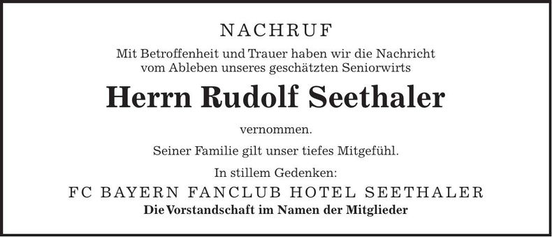 Traueranzeige Rudolf Seethaler