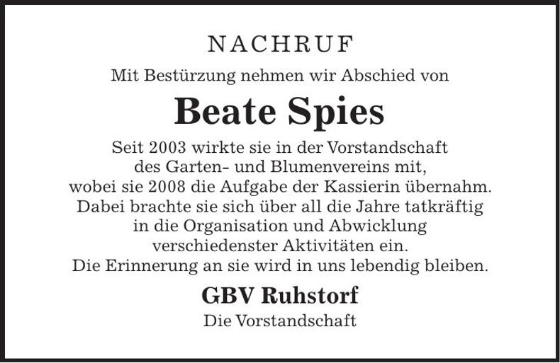 Traueranzeige Beate Spies