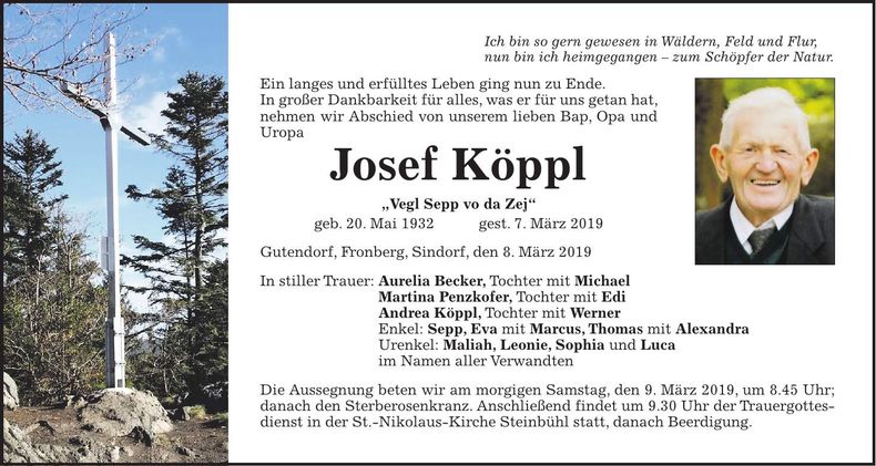 Traueranzeige Josef Köppl