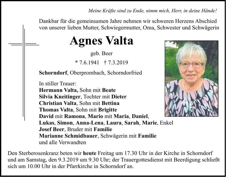 Traueranzeige Agnes Valta