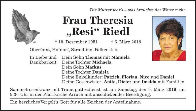 Traueranzeige Therersia Riedl