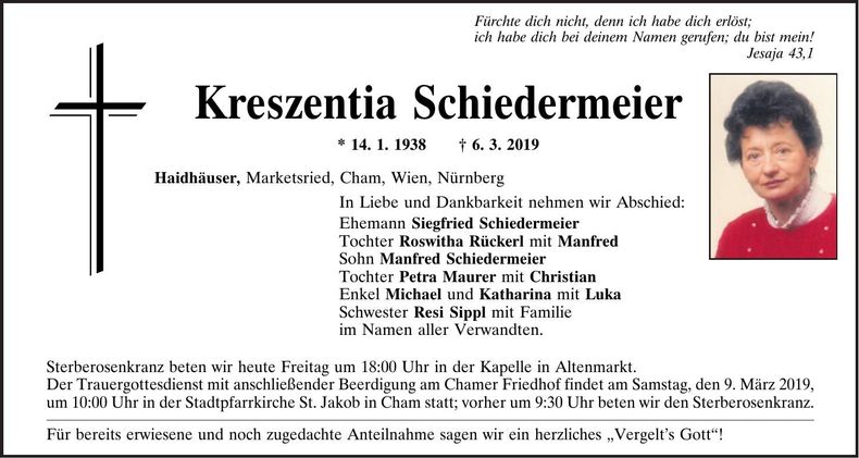 Traueranzeige Kreszentia Schiedermeier