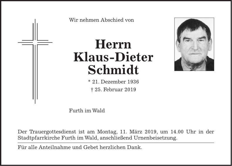 Traueranzeige Klaus-Dieter Schmidt