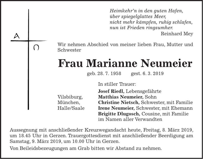 Traueranzeige Marianne Neumeier