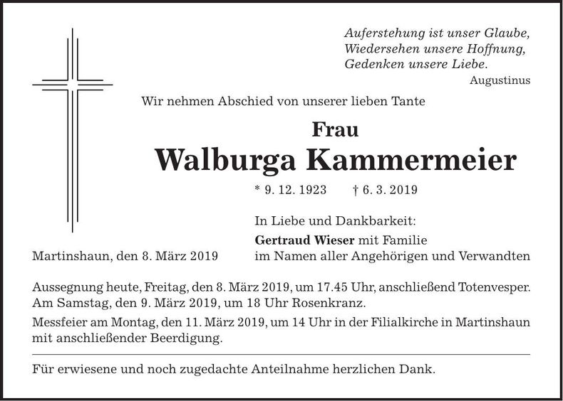 Traueranzeige Walburga Kammermeier