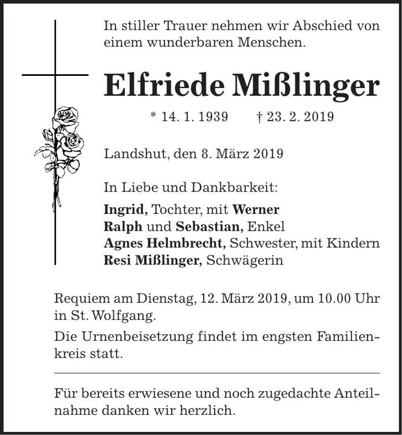 Traueranzeige Elfriede Mißlinger