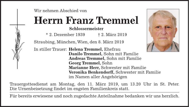 Traueranzeige Franz Tremmel