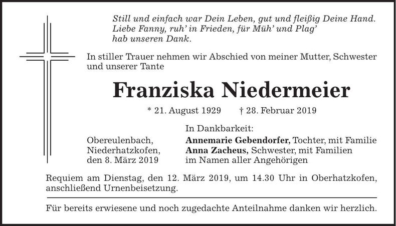 Traueranzeige Franziska Niedermeier