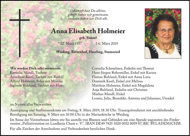 Traueranzeige Anna Elisabeth Holmeier