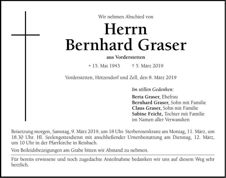 Traueranzeige Bernhard Graser